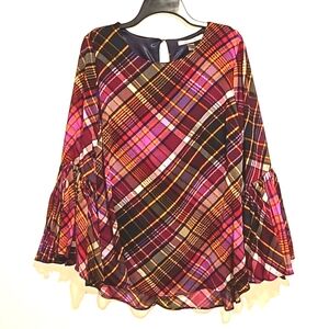 Nygard pink purple plaid long sleeve blouse lined fantastic sleeves Medium